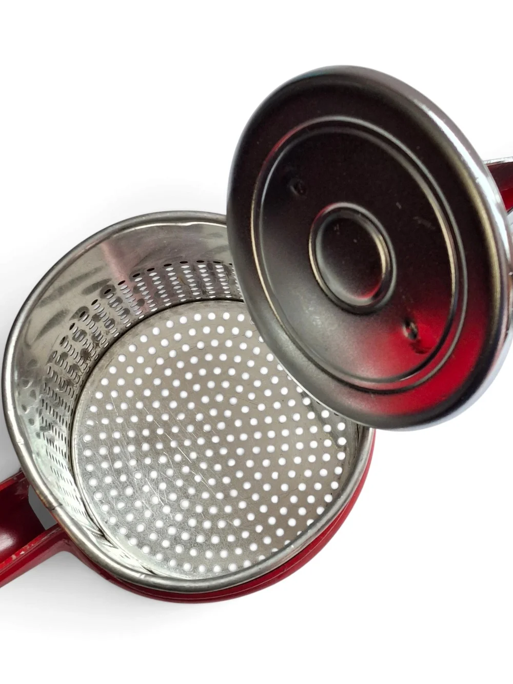 Mid Century Red Handled Metal Potato Ricer Farmhouse Kitchen Masher Strainer
